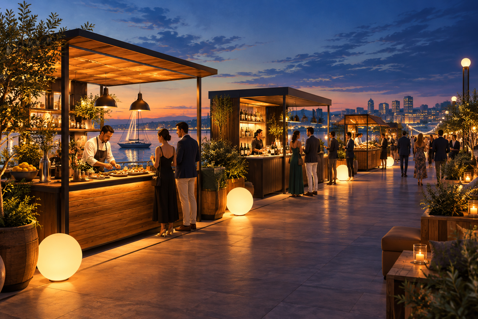 Editorial illustration of a sophisticated, upscale culinary festival setting on a waterfront promenade at twilight.