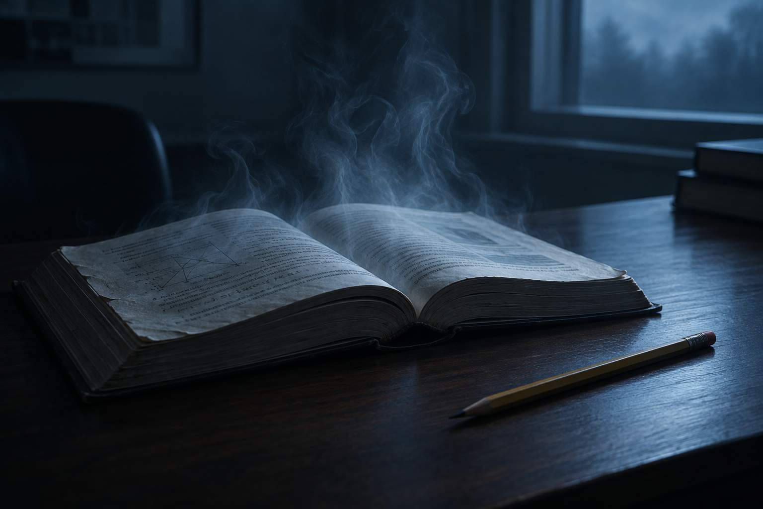 A conceptual illustration of a worn textbook on a dark desk with wisps of mist rising from the pages, symbolizing academic pressure and distress.