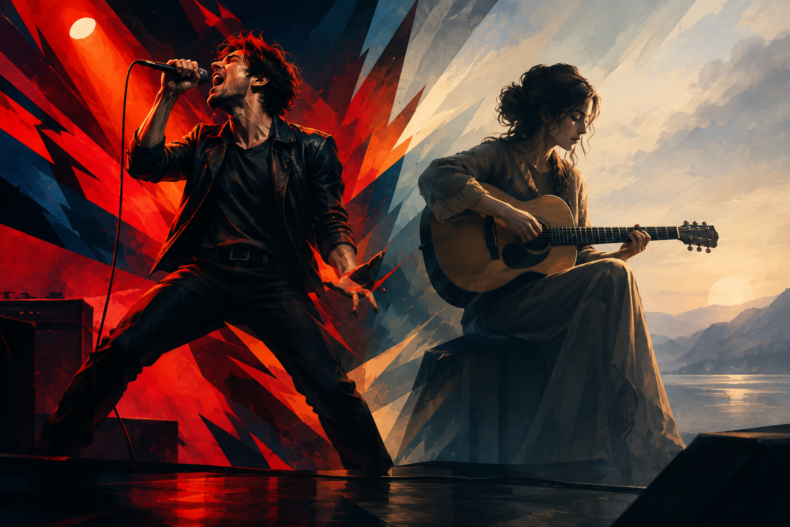 Editorial illustration depicting the convergence of two distinct musical styles through contrasting abstract visual elements.