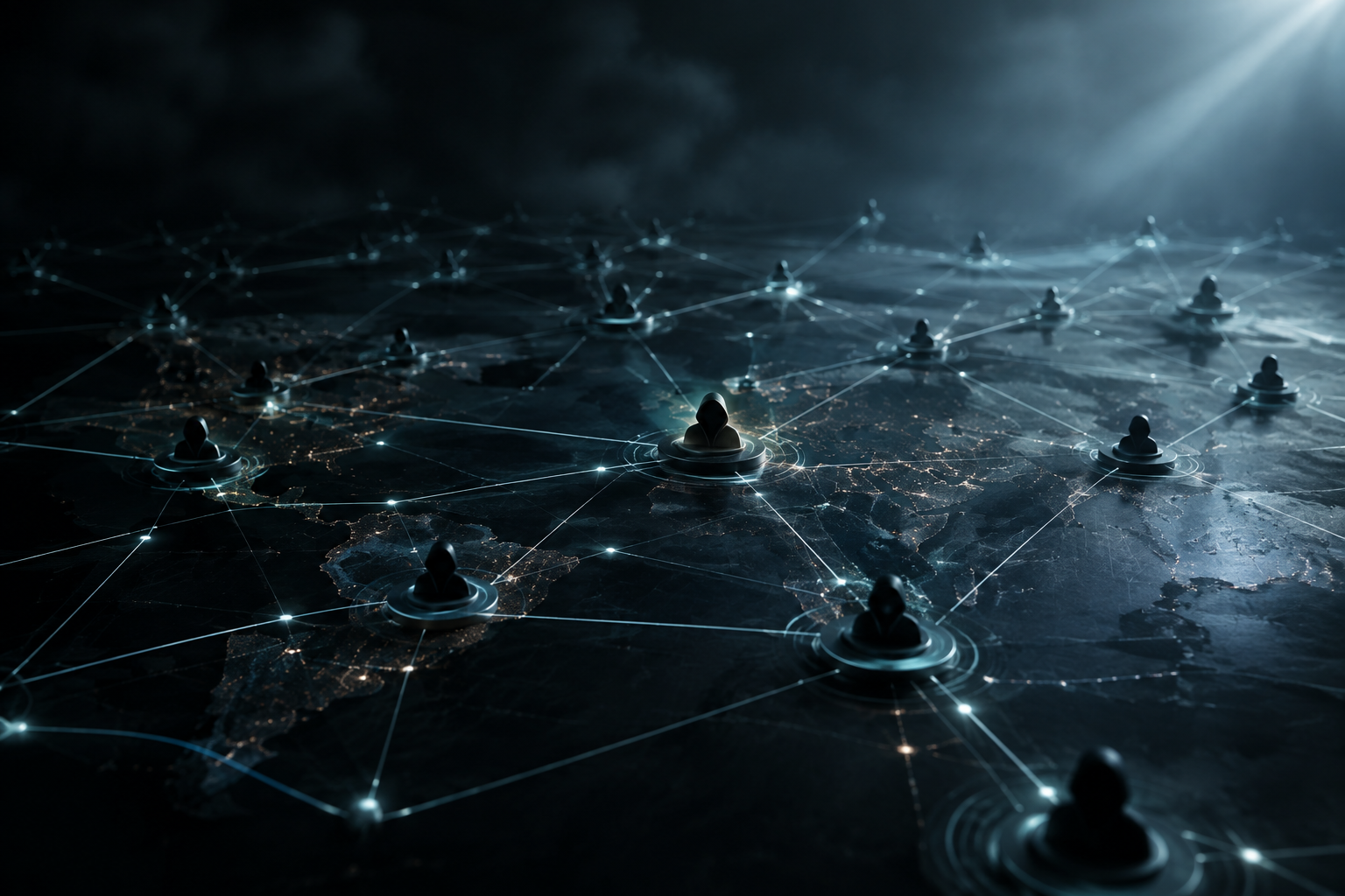 Conceptual illustration of interconnected digital networks suggesting clandestine communication.