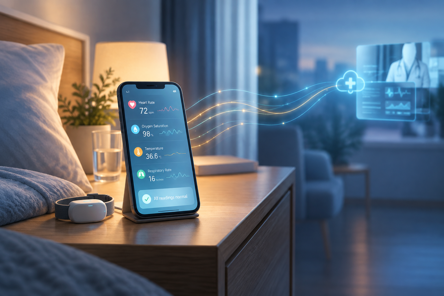 Editorial illustration depicting a mobile application interface symbolizing remote symptom tracking for cancer patients, set in a calm, modern home environment.