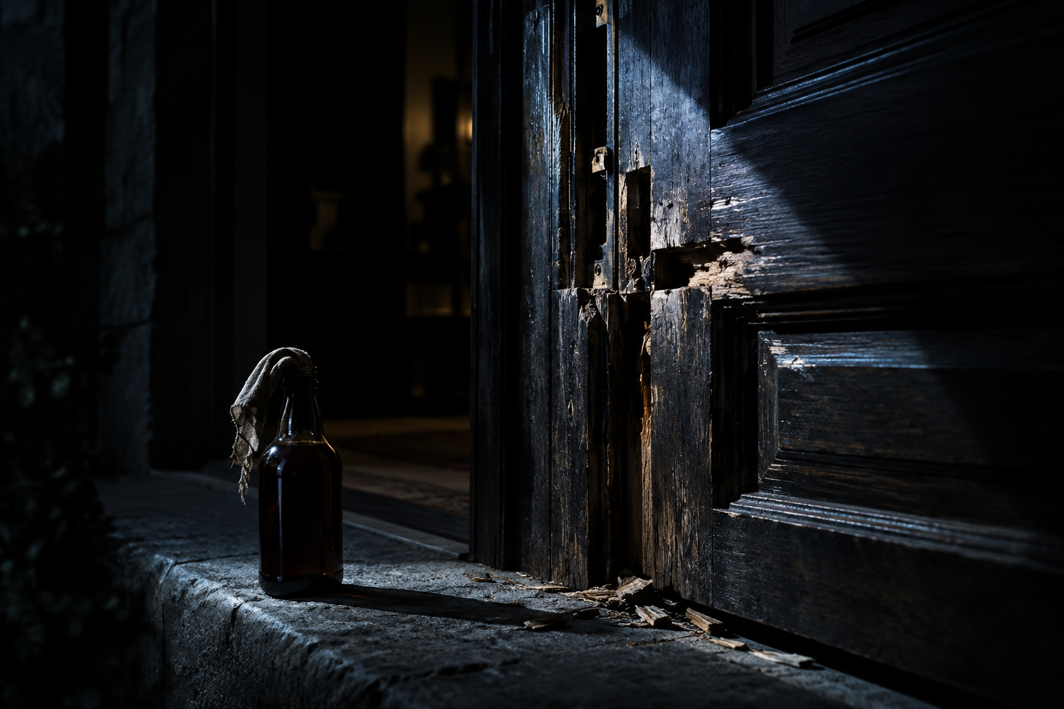 A conceptual illustration of a damaged doorframe and a bottle of liquid on a threshold, suggesting a break-in attempt.