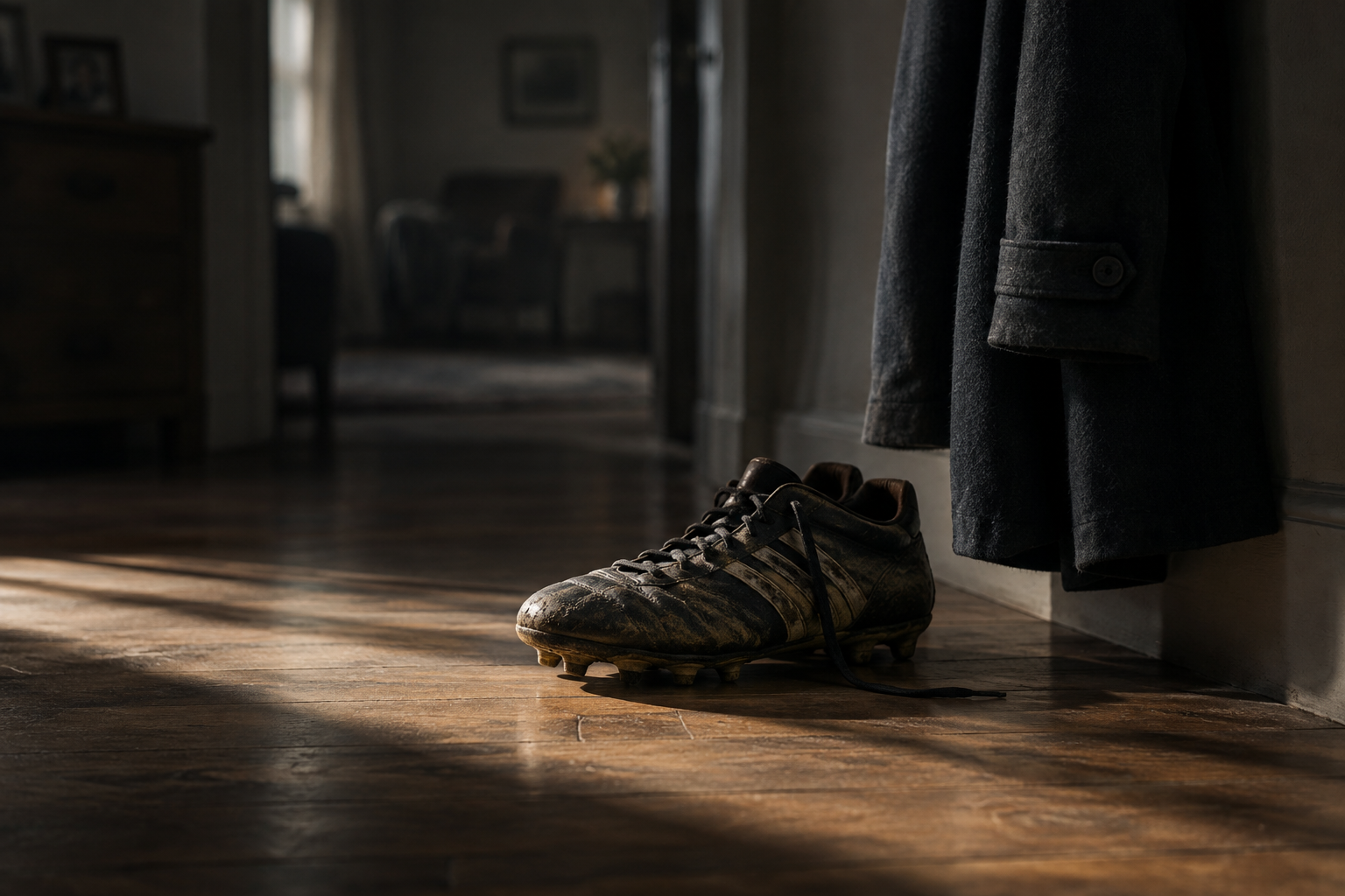 A still life illustration focusing on a single rugby boot and a hanging coat in a dimly lit, somber interior, symbolizing unresolved grief.