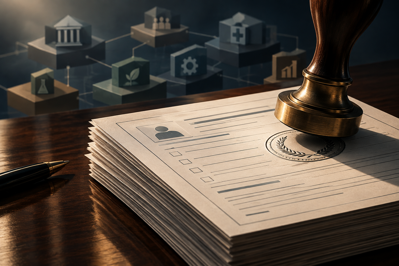 Conceptual illustration of official nomination forms and a seal on a dark wooden surface, symbolizing an election committee nomination period.