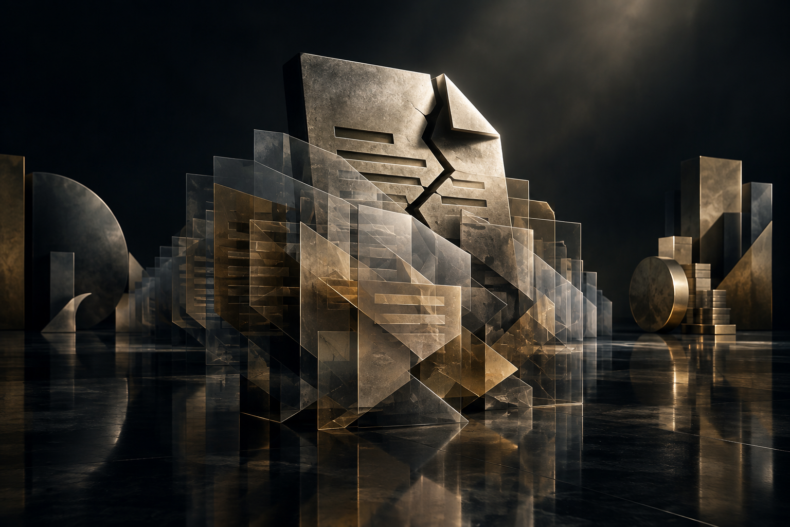 Conceptual illustration of a complex, abstract financial scheme involving fraudulent claims, rendered in muted metallic tones with dramatic lighting.
