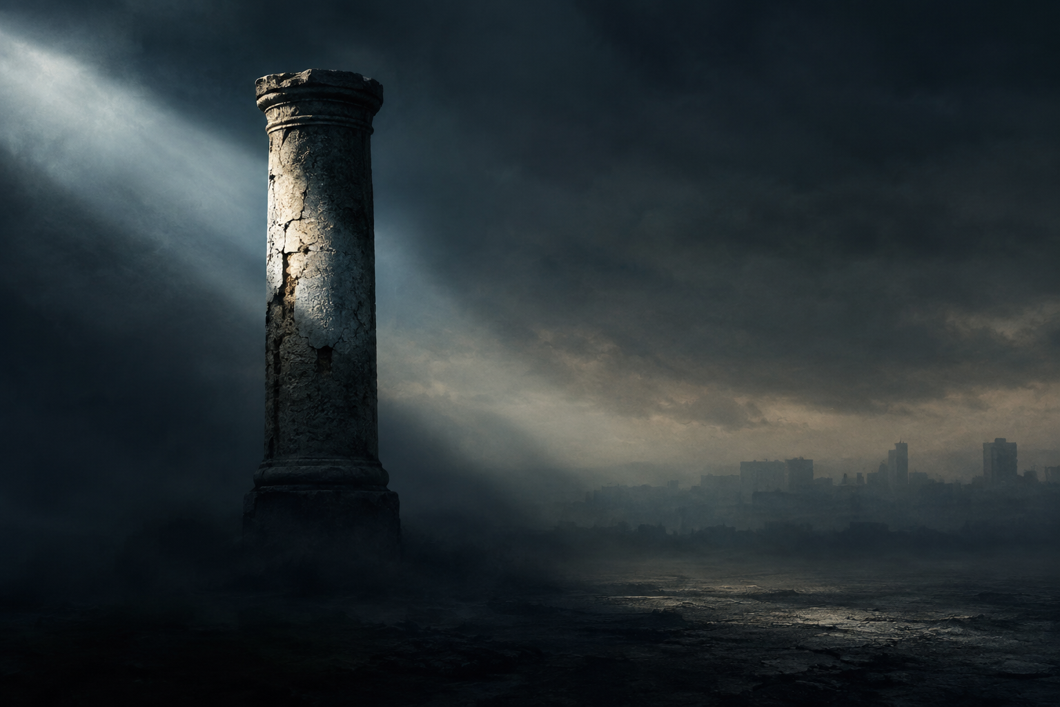 Conceptual illustration of a solitary, weathered stone pillar under dramatic, focused light in a muted urban setting, symbolizing enduring struggle.