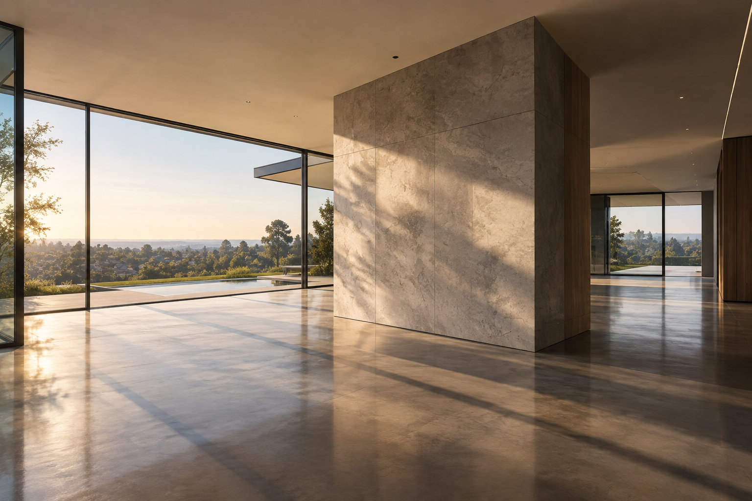 Editorial illustration of a modern, spacious residential interior with sophisticated architectural lines and soft lighting.
