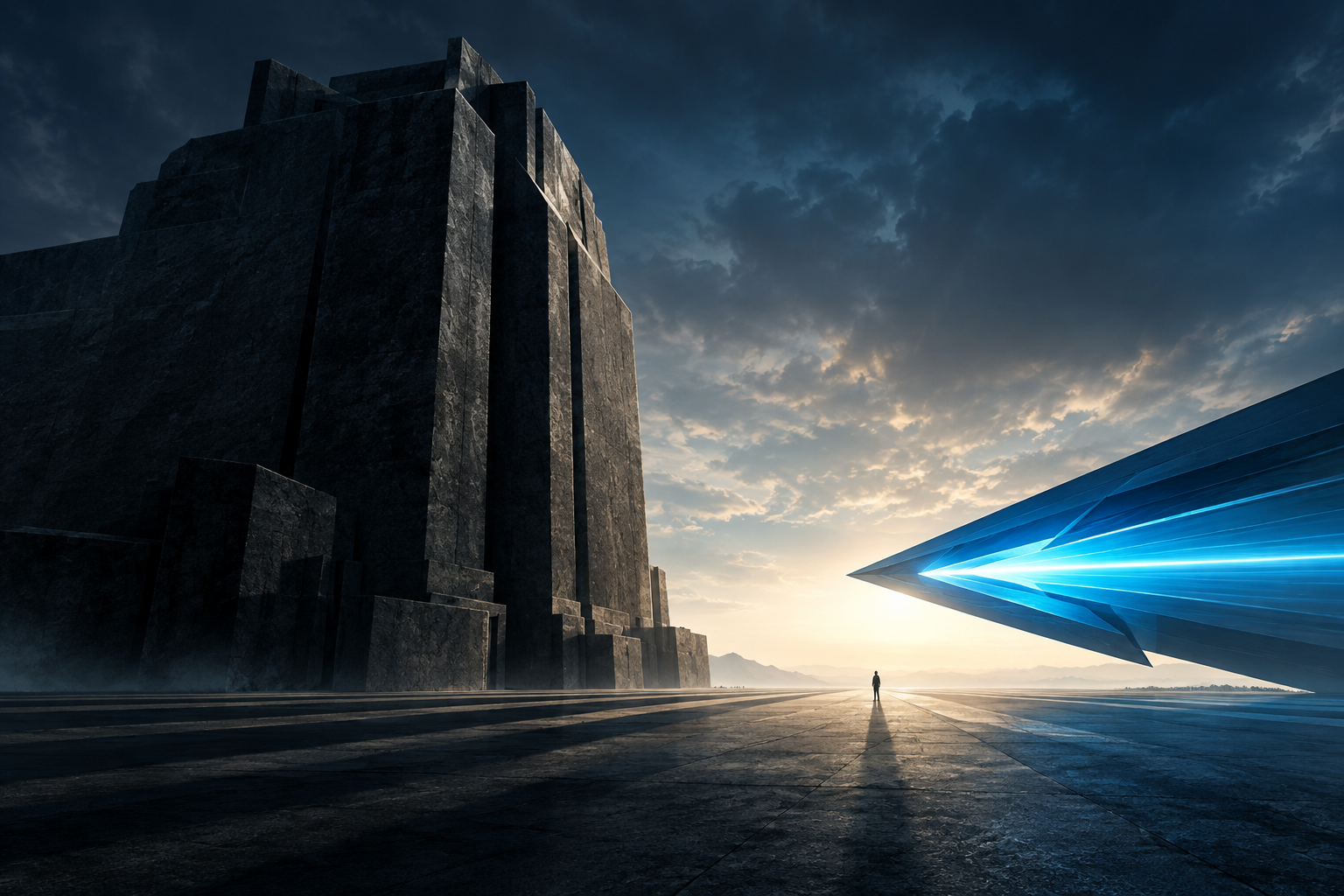 Editorial illustration depicting a conceptual tension between a monolithic structure and a focused, forward-moving force in a vast, dramatically lit space.