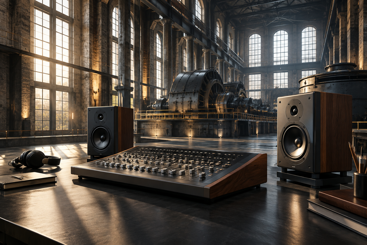 Editorial illustration of modern audio equipment within a large, industrial music hall.