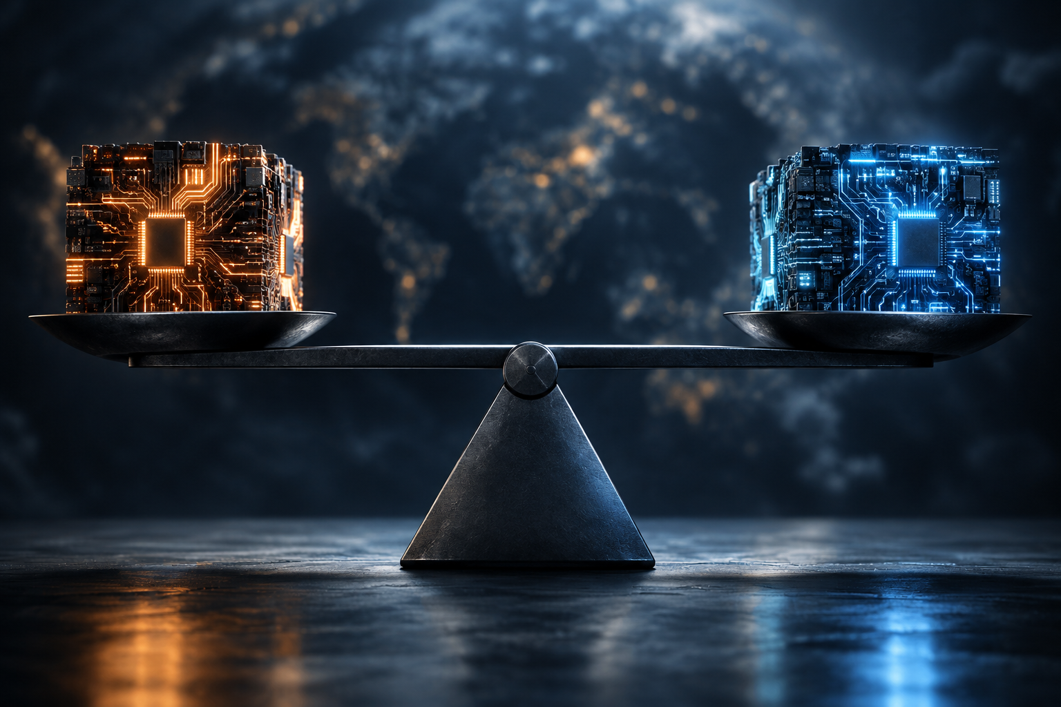 Conceptual illustration of a balanced digital scale representing neutrality amidst competing global technologies.