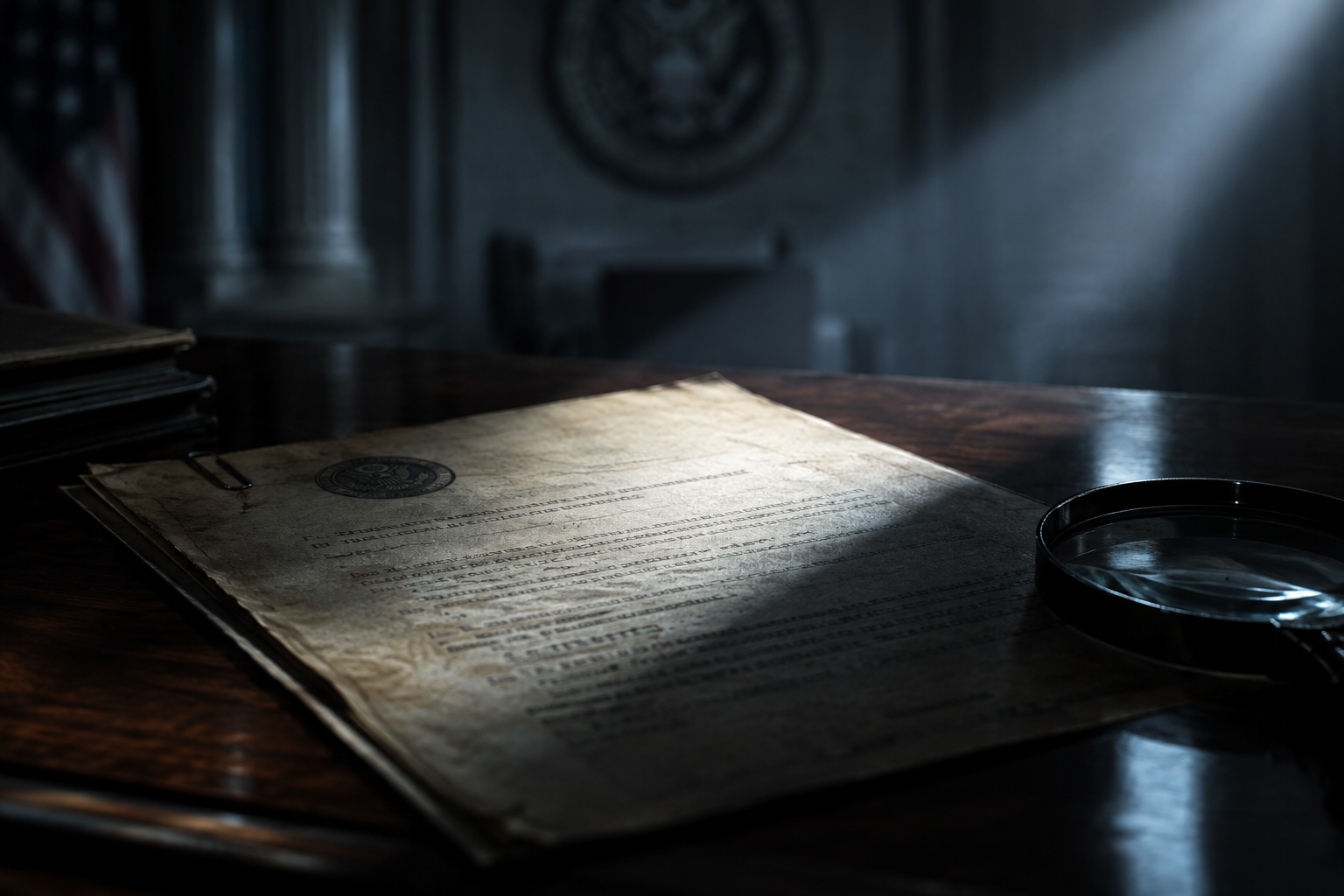 An illustration of a single, aged document under a focused beam of light on a dark wooden surface, symbolizing an investigation into allegations.