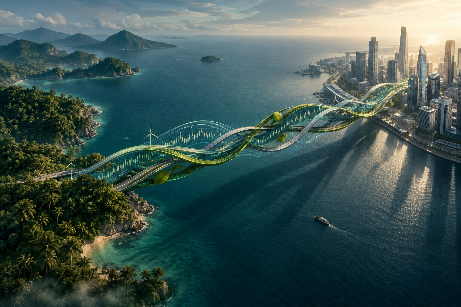 An abstract editorial illustration depicting a stylized bridge connecting two regions, symbolizing green finance cooperation between Southeast Asia and a major financial center.