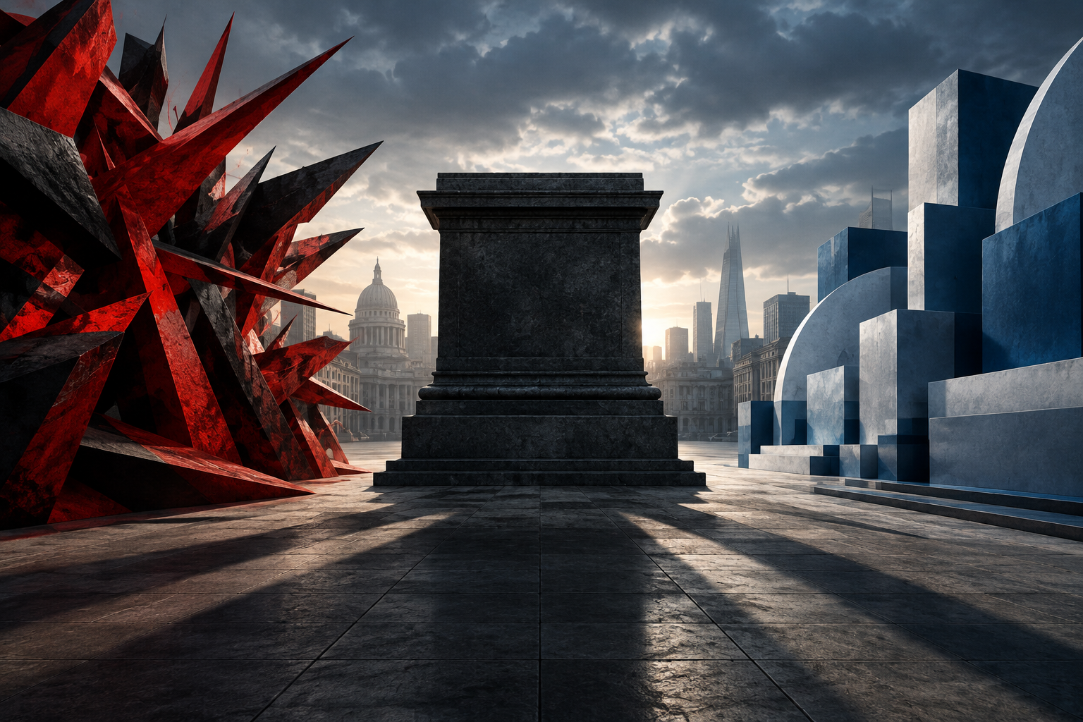 Conceptual illustration depicting opposing forces in a tense urban setting.