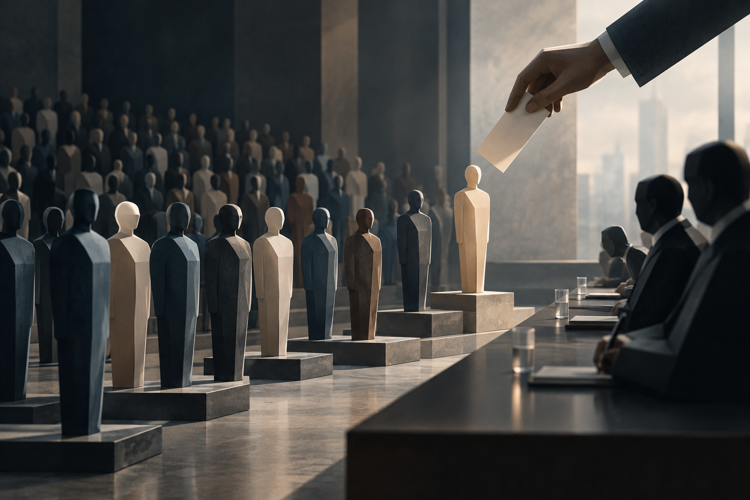 Conceptual illustration of a nomination process for a city leadership selection committee.