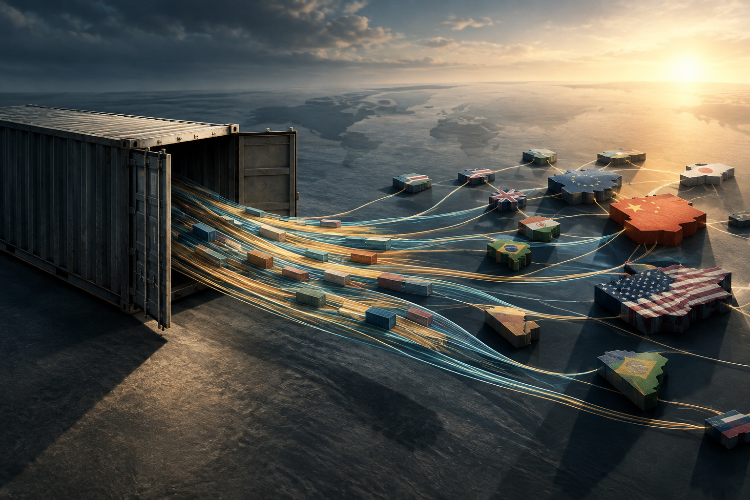 Conceptual illustration of global trade momentum, showing exports flowing from a shipping container toward distant, interconnected economic structures.