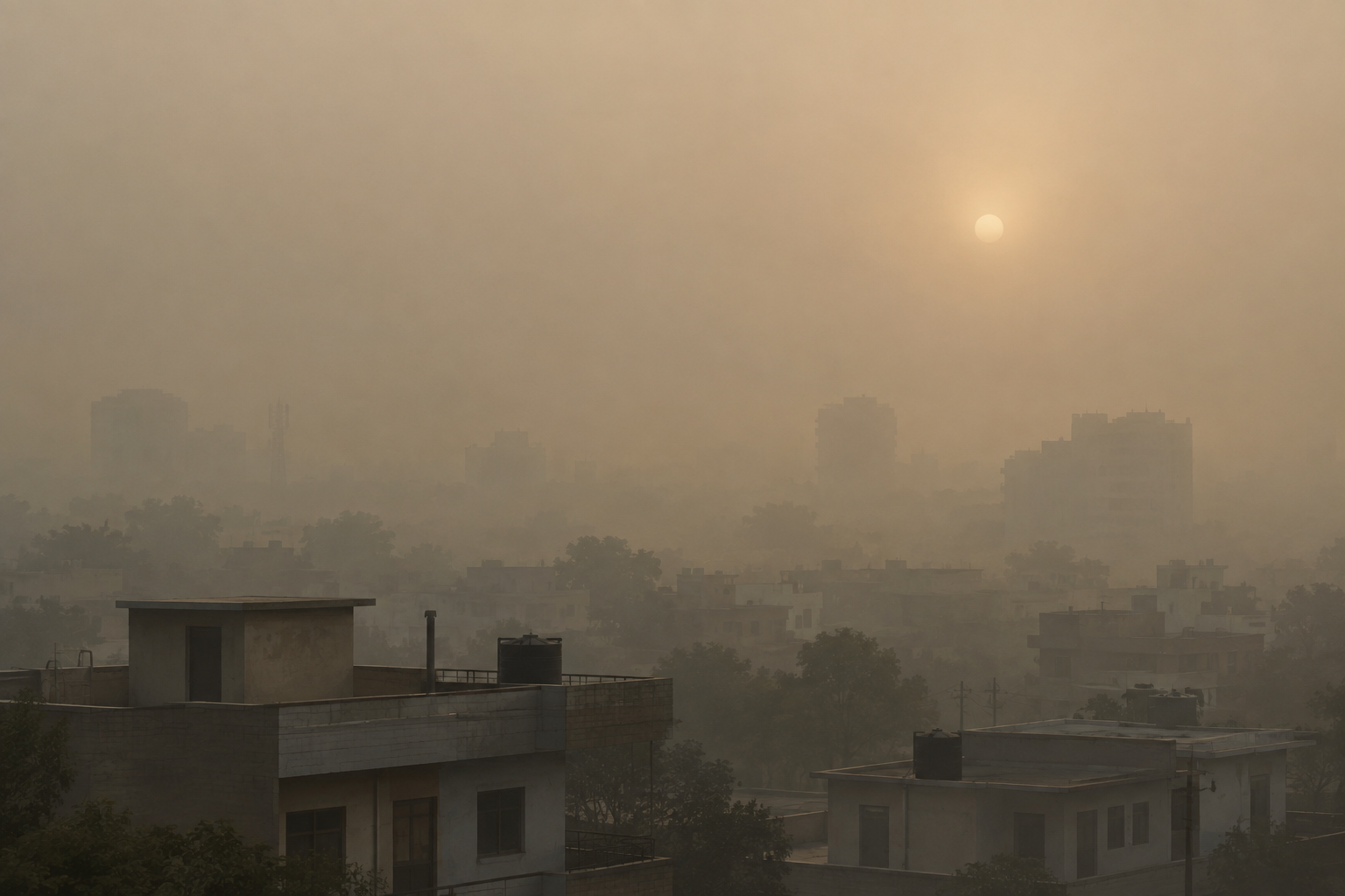 Editorial illustration depicting a hazy, muted urban landscape under a thick layer of air pollution.