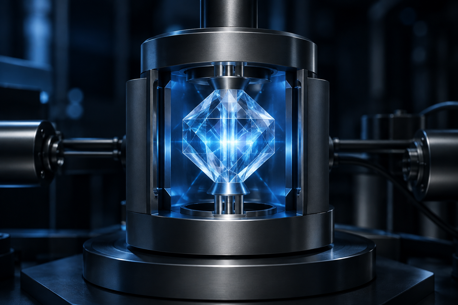 An editorial illustration of a highly precise, crystalline nuclear clock mechanism with internal luminescence, set against a dark, technical background.
