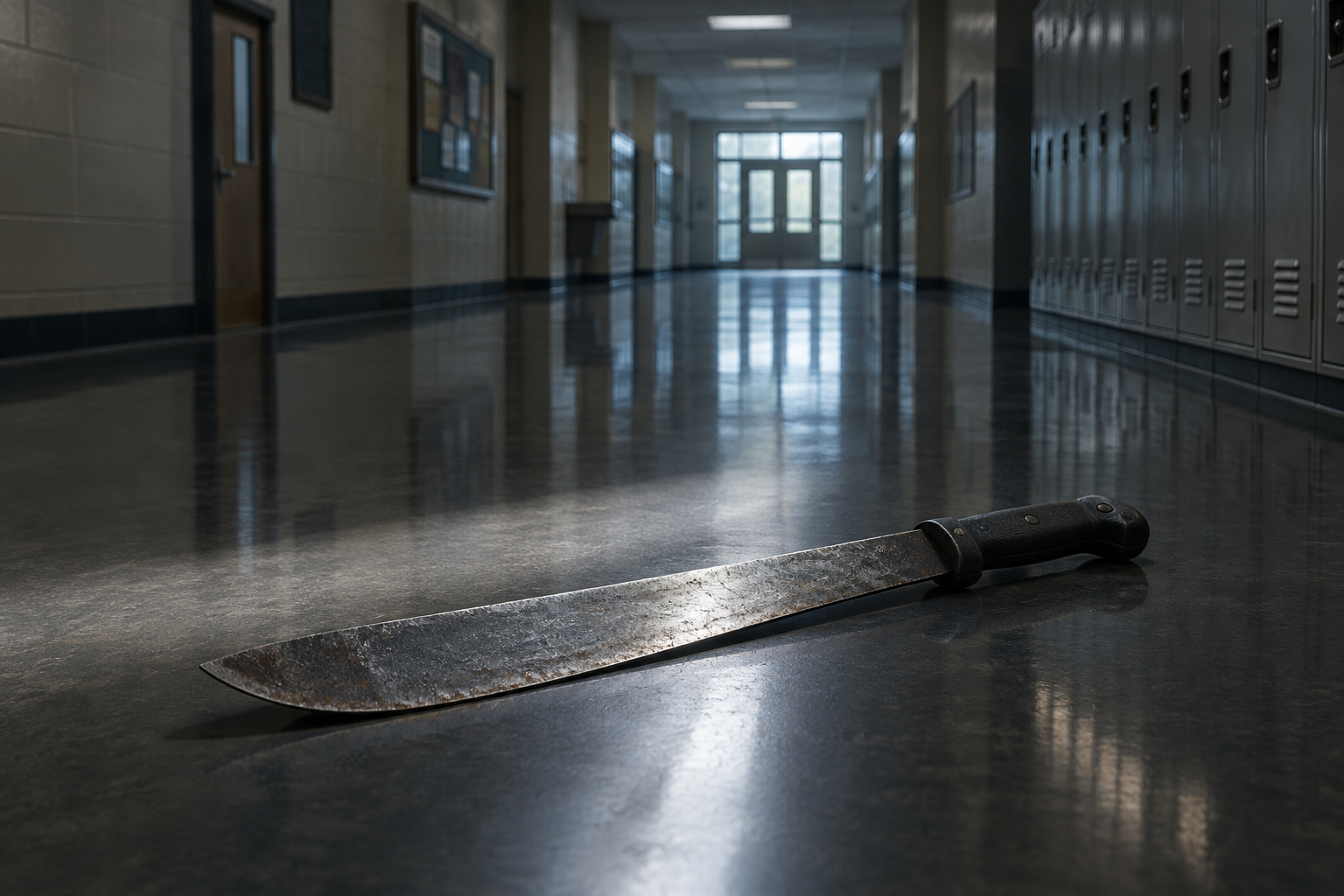A large, utilitarian metal machete rests on a dark floor in a softly lit, empty school hallway, conveying a somber atmosphere.