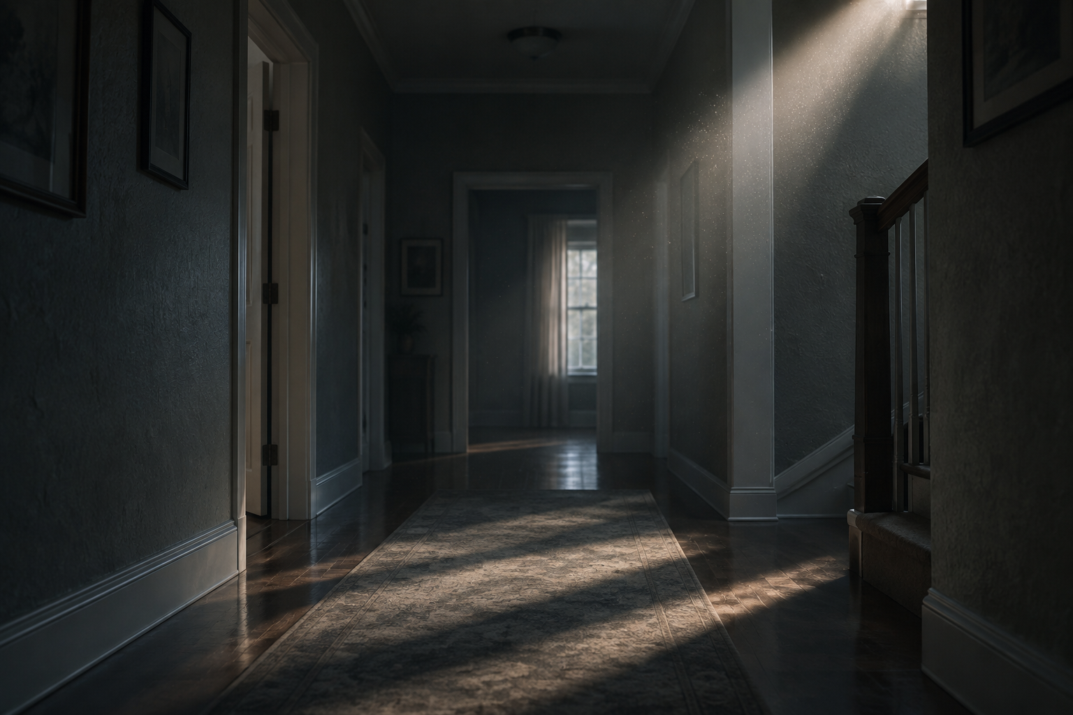 A somber, wide-angle interior view of a quiet, residential hallway with soft, directional light casting long shadows.
