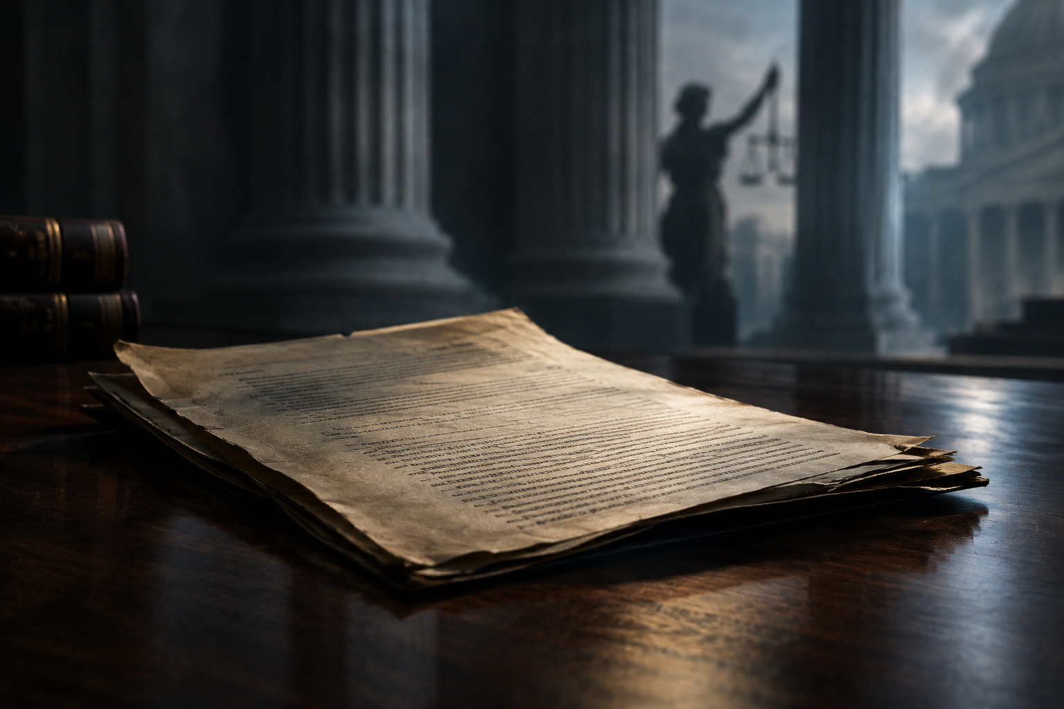 A dramatic, focused illustration of a single, aged legal document resting on a dark wooden surface, symbolizing an ongoing internal investigation.