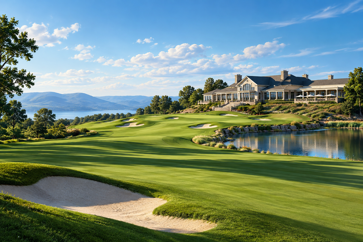 Editorial illustration of a grand, manicured golf course suggesting a presidential retreat.