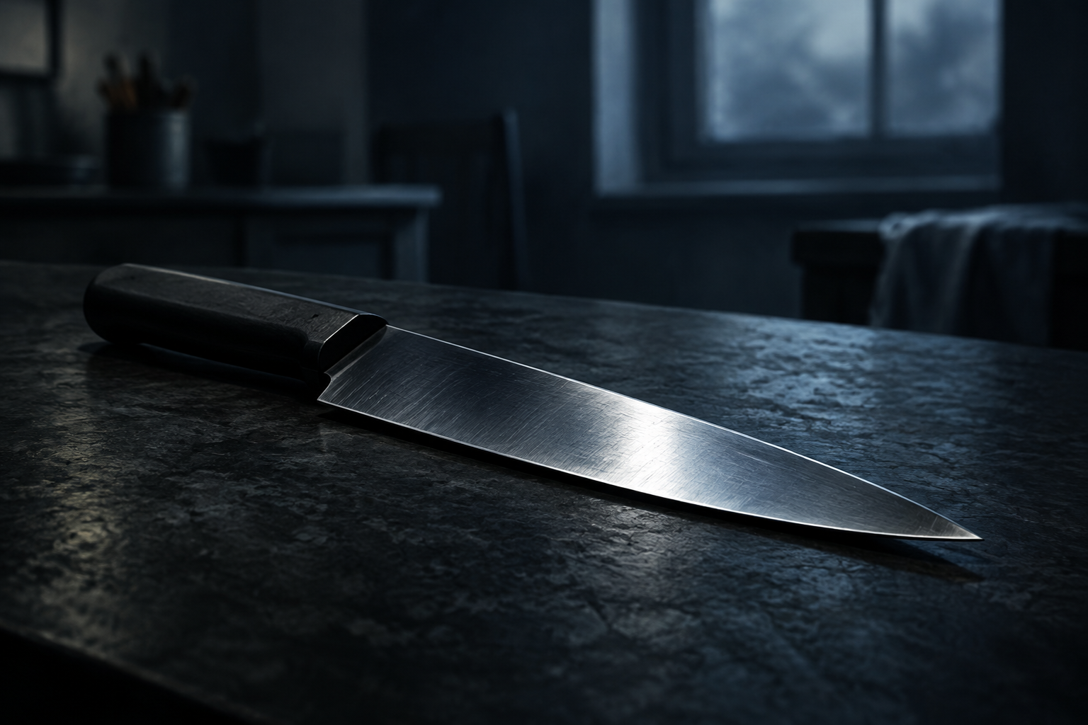A sharp kitchen knife rests on a dark, textured surface under focused, dramatic lighting.