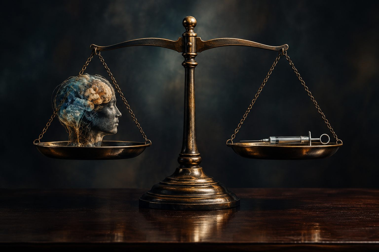 Conceptual illustration of a balance scale weighing abstract representations of mental health against medical procedure.