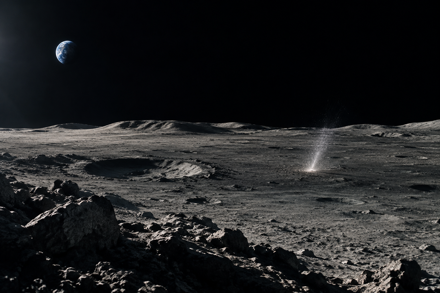 A wide view of the Moon's surface under a dark sky, featuring a faint streak of light indicating a lunar impact flash.