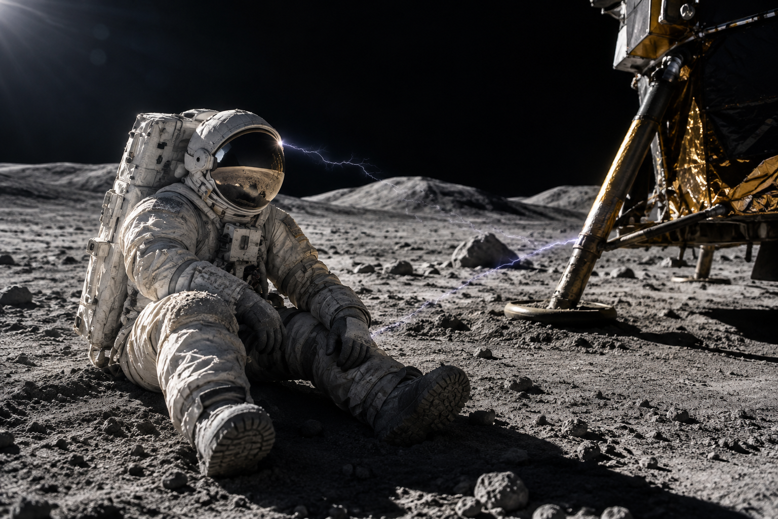Conceptual illustration of electrostatic discharge risk during lunar surface extravehicular activity.