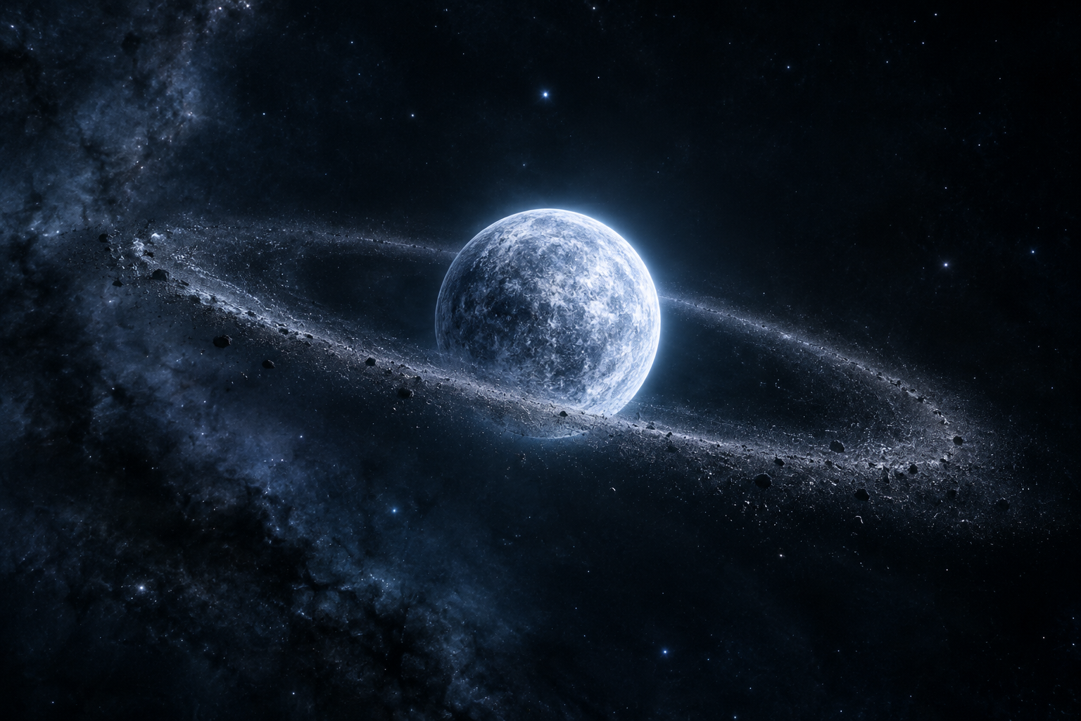 Illustration of a dense white dwarf star surrounded by faint, particulate matter suggesting a second-generation planet formed from ejected stellar material.