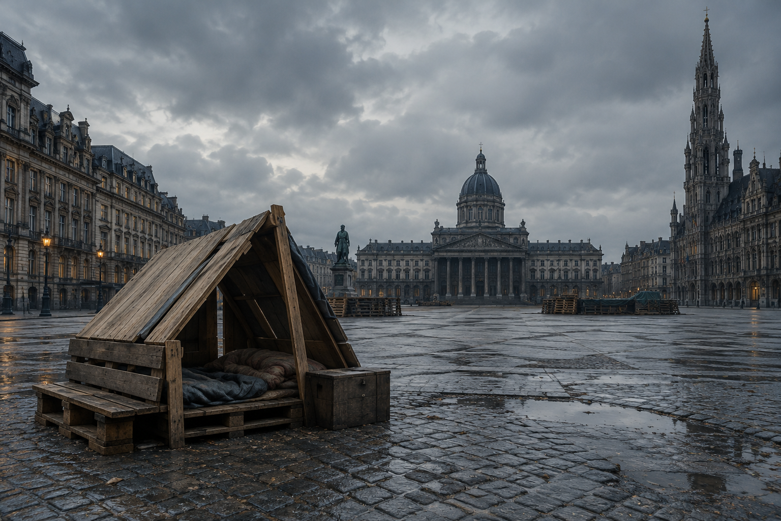 A somber editorial illustration of a quiet protest encampment in a large, historic European square under an overcast sky, emphasizing the gravity of the housing crisis.