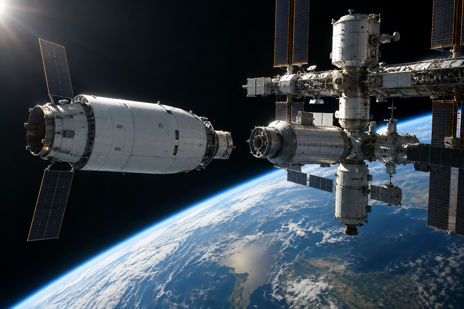 Conceptual illustration of a cargo spacecraft approaching a modular space station in orbit.
