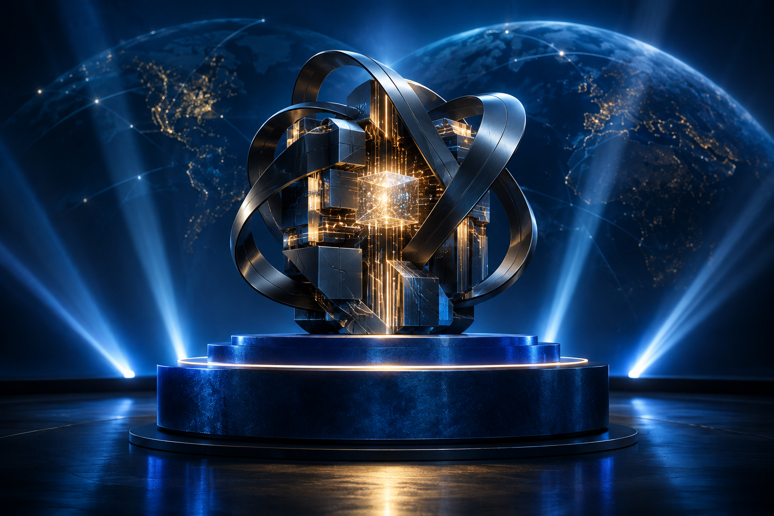 Abstract editorial illustration symbolizing high-level scientific and technological achievement with glowing circuitry on a dark pedestal.