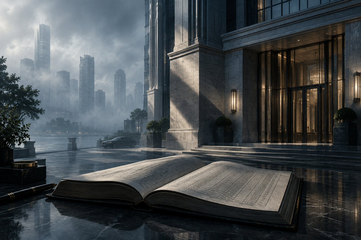 Editorial illustration of a luxury high-rise facade partially veiled in mist, with a financial ledger resting on a dark surface, symbolizing cautious banking.