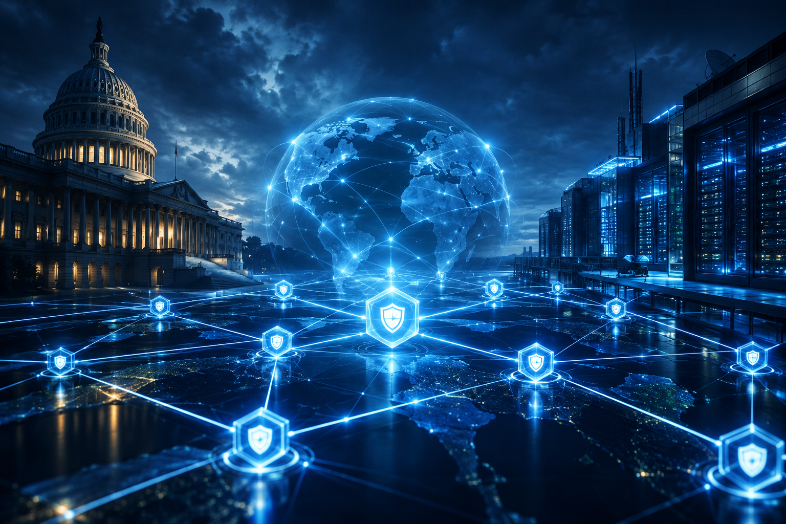 An abstract illustration symbolizing international cooperation against cyber threats through a glowing, interconnected network of digital defenses.