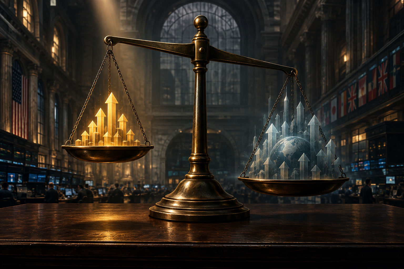 Editorial illustration of a symbolic financial scale within a grand, historic exchange setting, emphasizing the balance between domestic and international investment appeal.