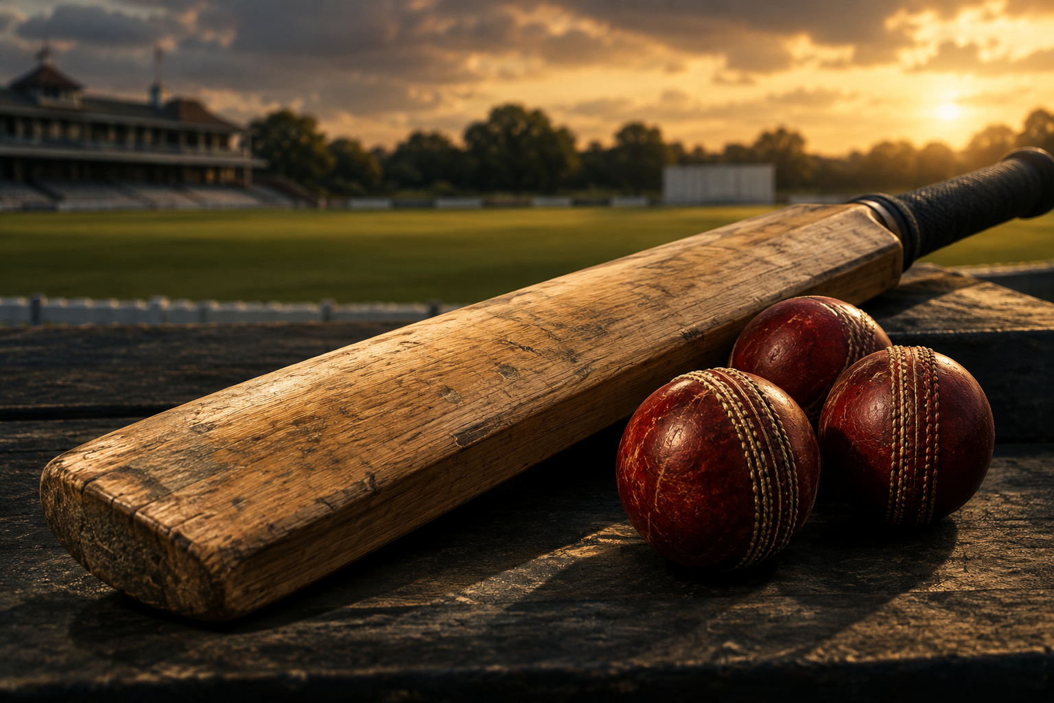 A close-up editorial illustration of a cricket bat and leather balls on a dark surface, symbolizing a team's evolving talent pool.
