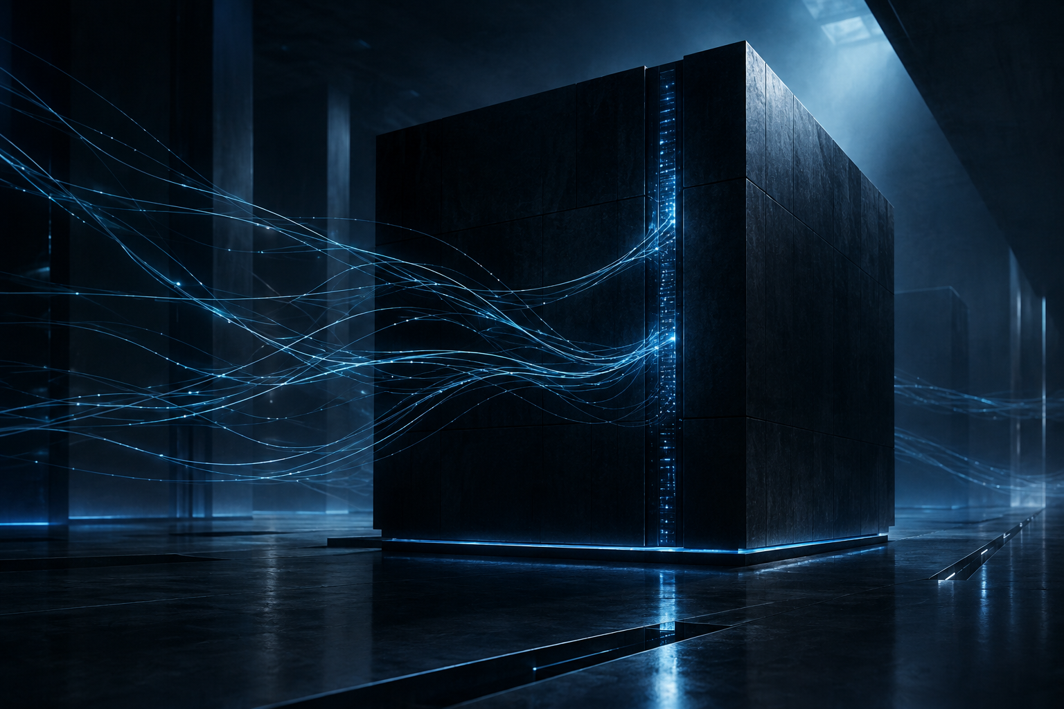 Abstract illustration depicting subtle digital infiltration into a monolithic structure representing advanced AI research.