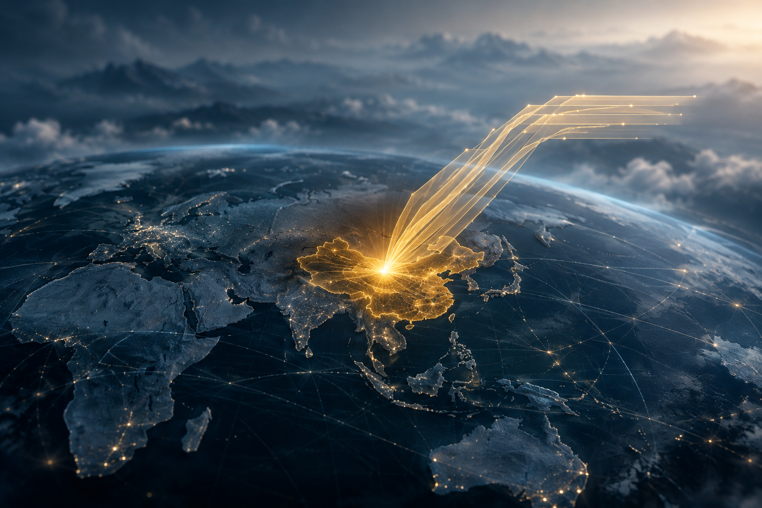 Conceptual illustration of global financial capital shifting focus toward Chinese equities, represented by rising golden lines on a muted world map.