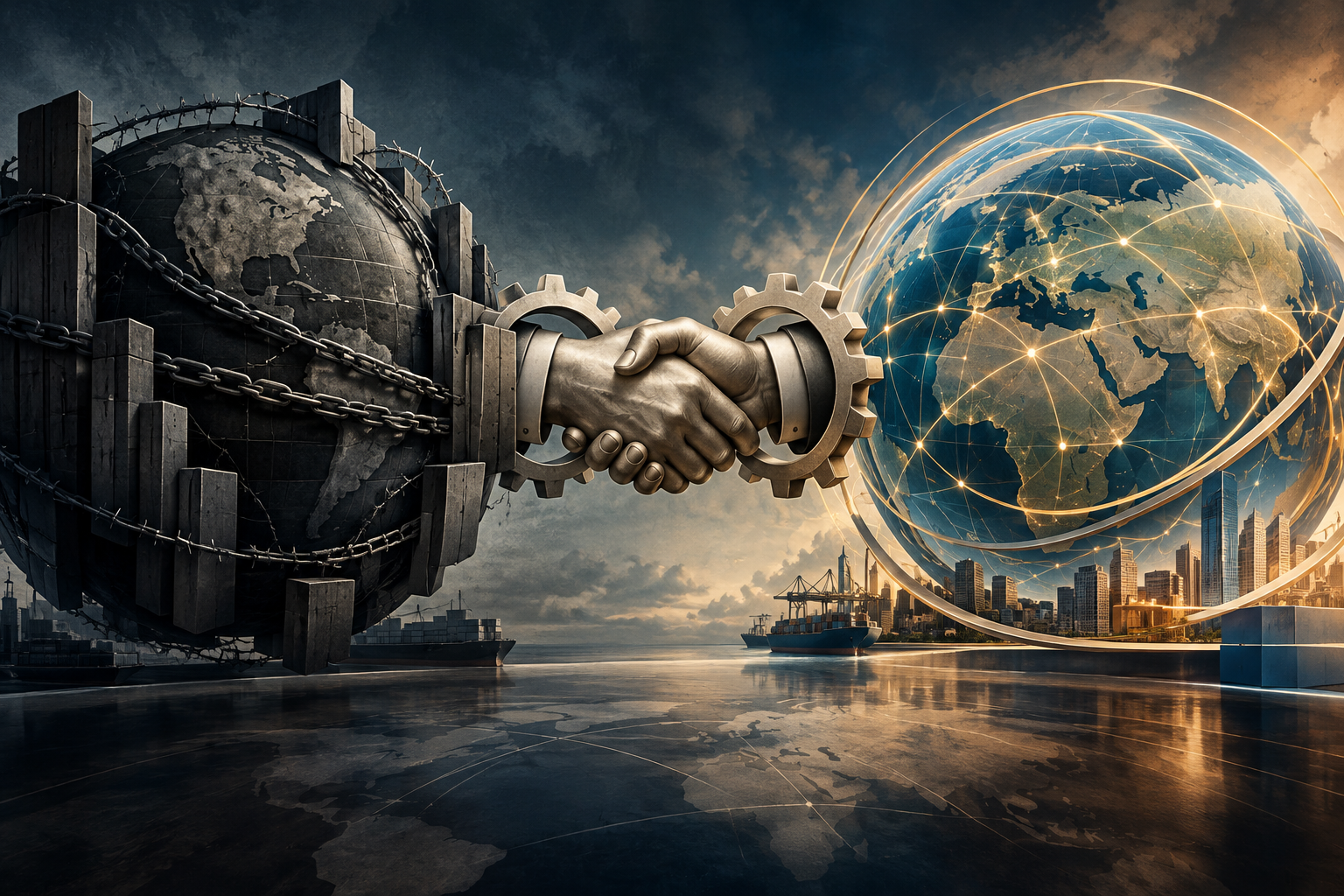 Conceptual illustration of global economic strategy, showing a bridge between restrictive barriers and collaborative partnership.