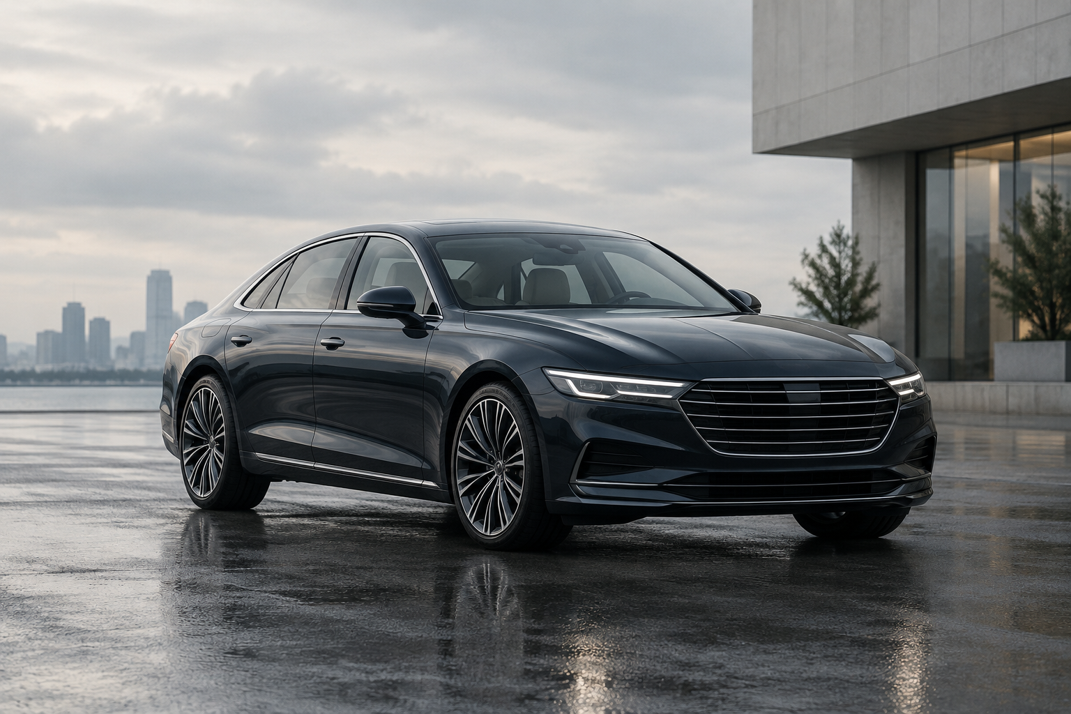 A modern, unbranded luxury sedan rests on wet asphalt under diffused light, symbolizing a gesture of employee support.