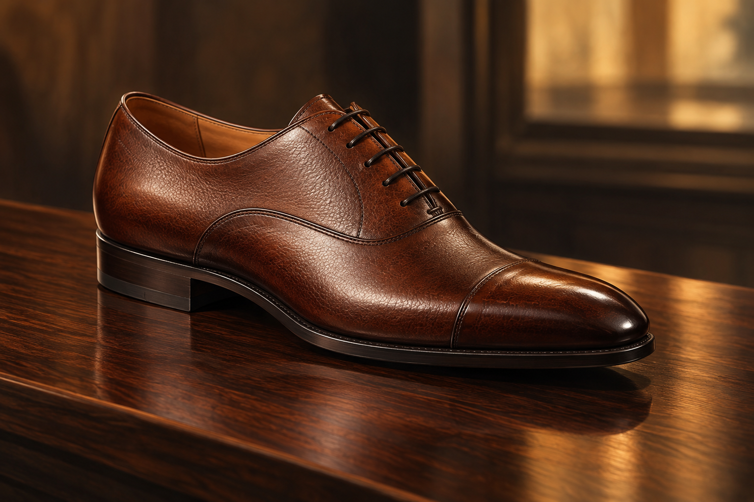 Editorial illustration of a single, elegantly crafted luxury leather shoe resting on a polished dark wood surface, emphasizing craftsmanship and design.