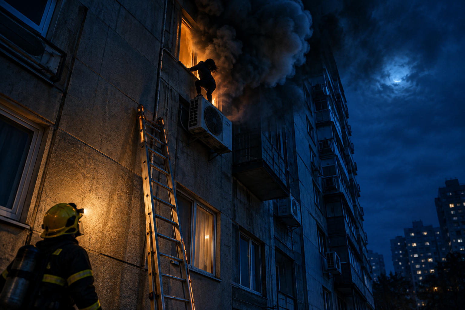 Editorial illustration depicting a dramatic nighttime rescue from a residential window during a fire.