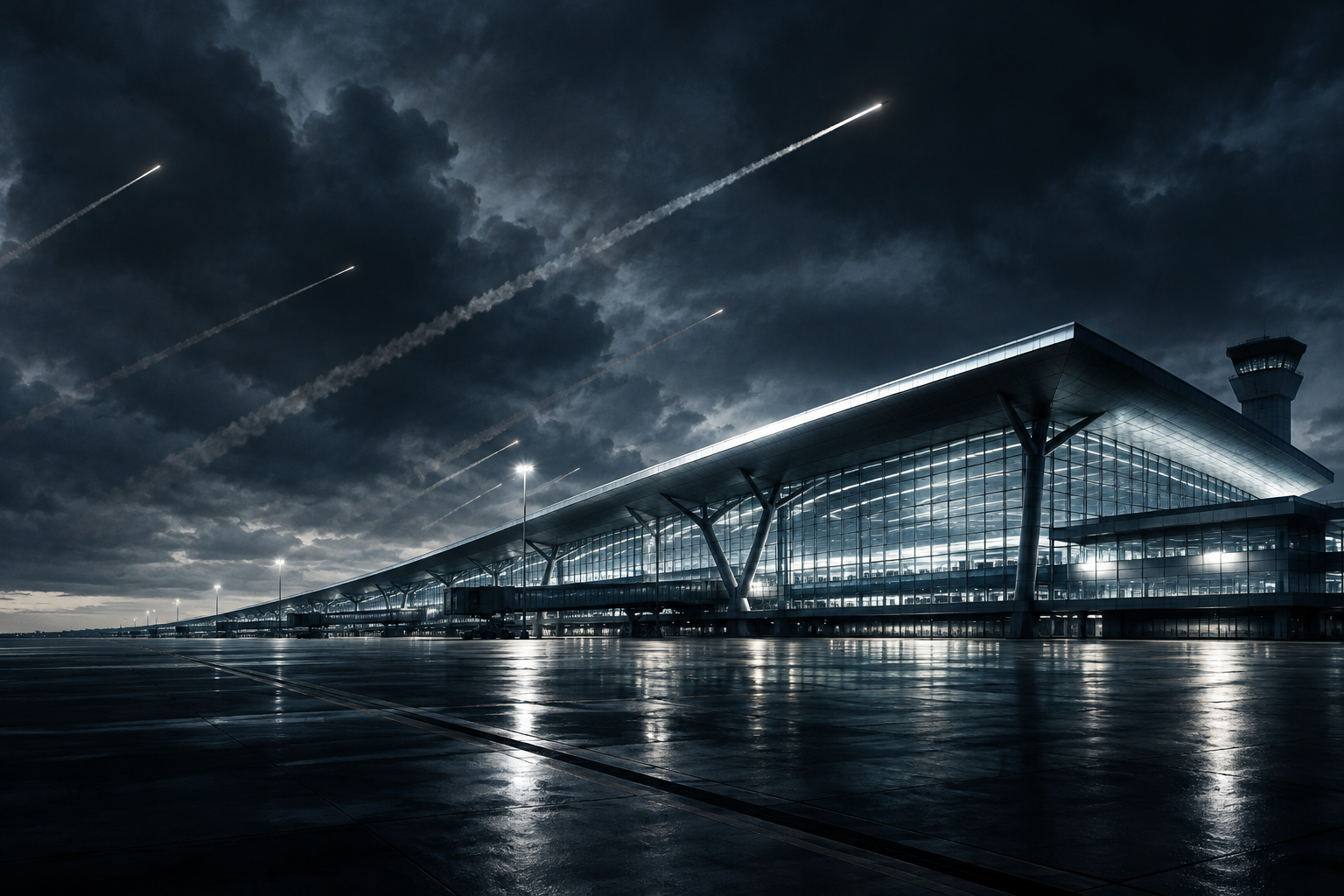 Conceptual illustration of a large airport terminal under a tense, dramatic sky, symbolizing conflict.