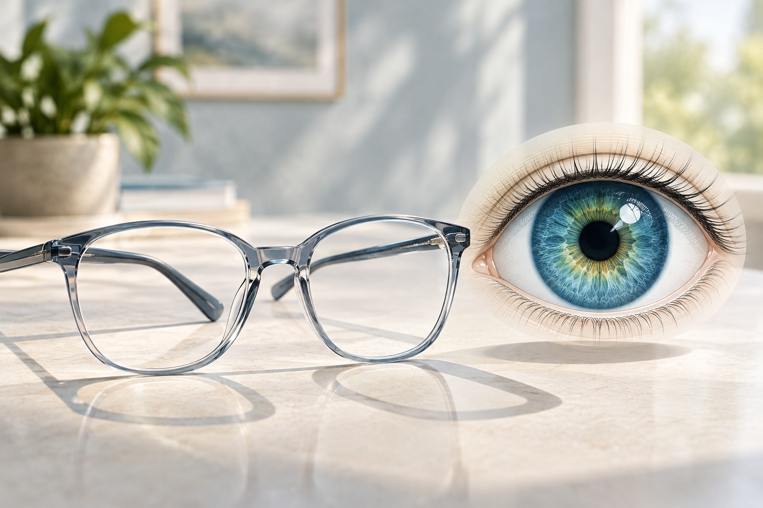 Editorial illustration of corrective lenses and a detailed eye symbolizing proactive vision health.