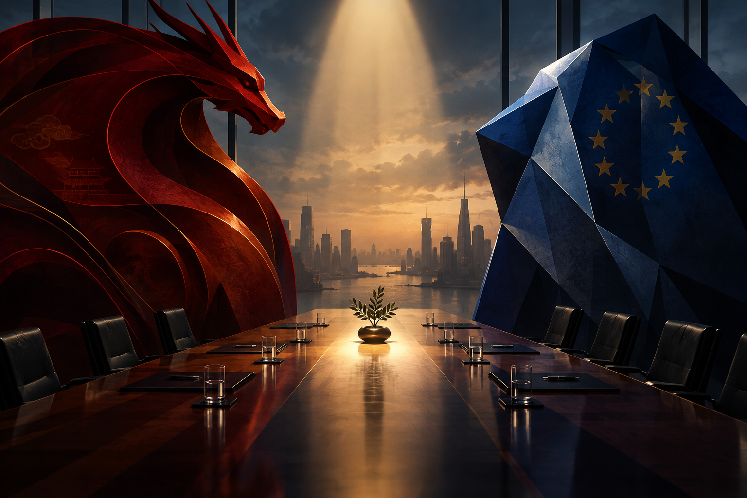 Editorial illustration of abstract global trade negotiations between two entities.