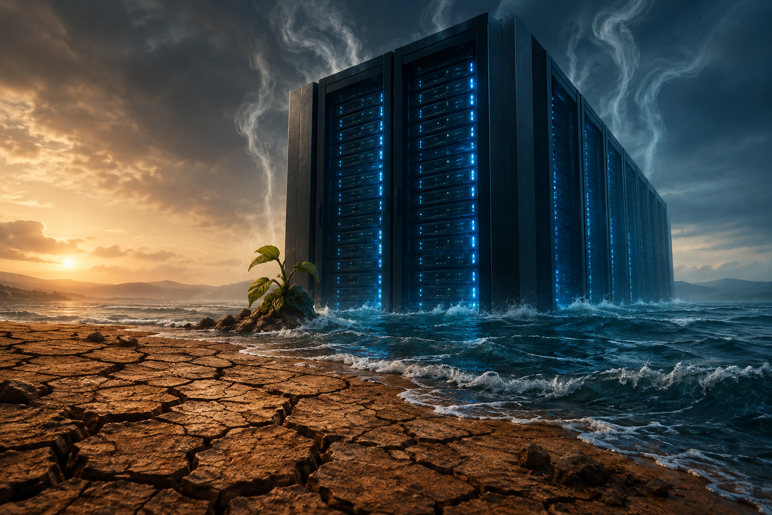 Conceptual illustration showing a massive, dark server structure juxtaposed against dry earth and turbulent water, symbolizing halted data center projects due to resource concerns.