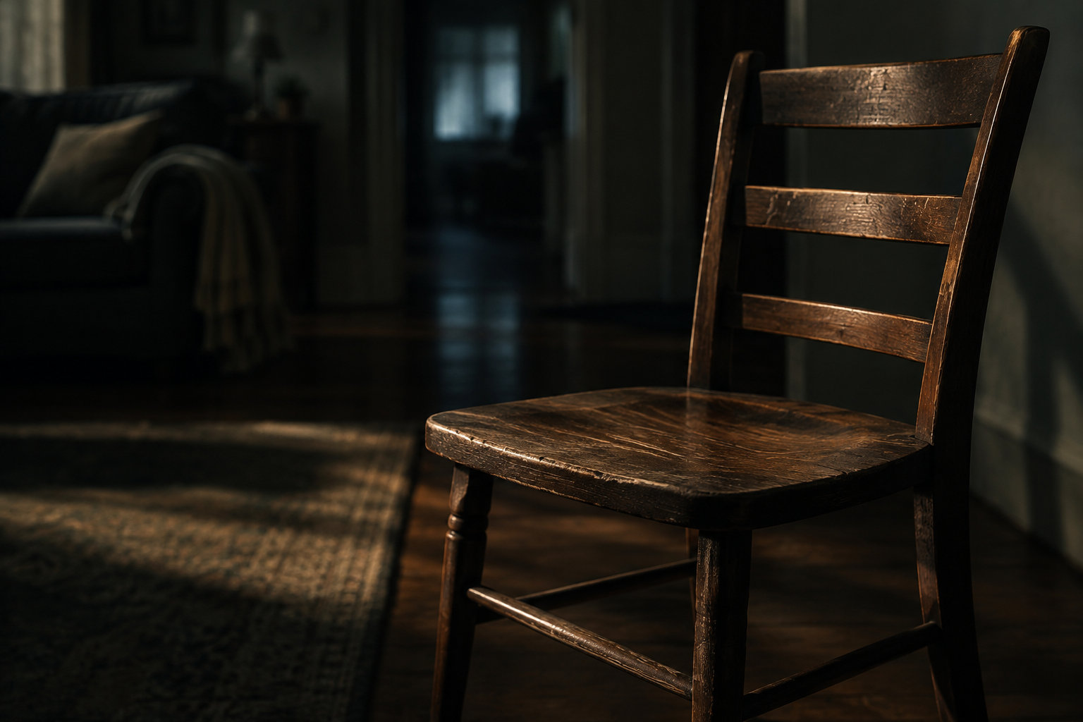 A close-up editorial illustration of a single wooden chair in a dimly lit, tense domestic interior.