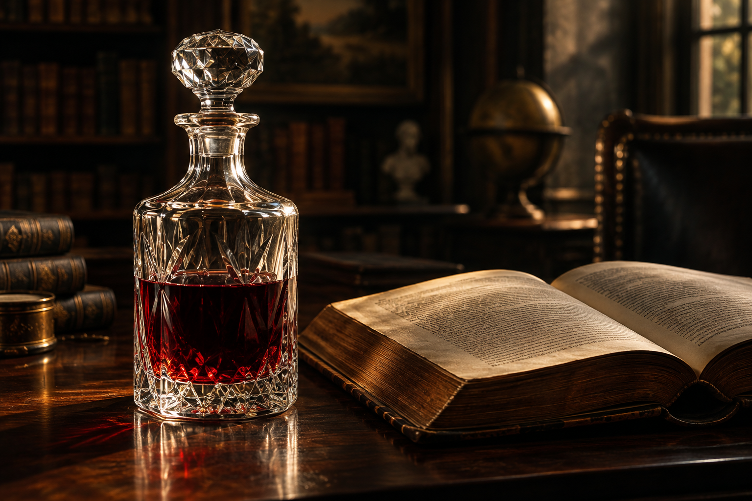 Editorial illustration of a crystal decanter and an open, aged book on a dark wooden surface, symbolizing evolving standards and critique.