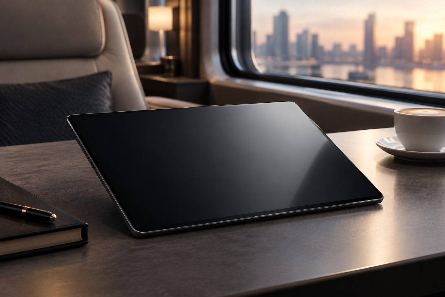 Editorial illustration of a premium, thin electronic device with a large screen, emphasizing its design and presence in a sophisticated setting.